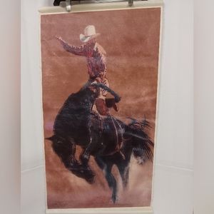 Vintage Wall Scroll Art on Canvas Cowboy on Bucking Horse 19X34" long